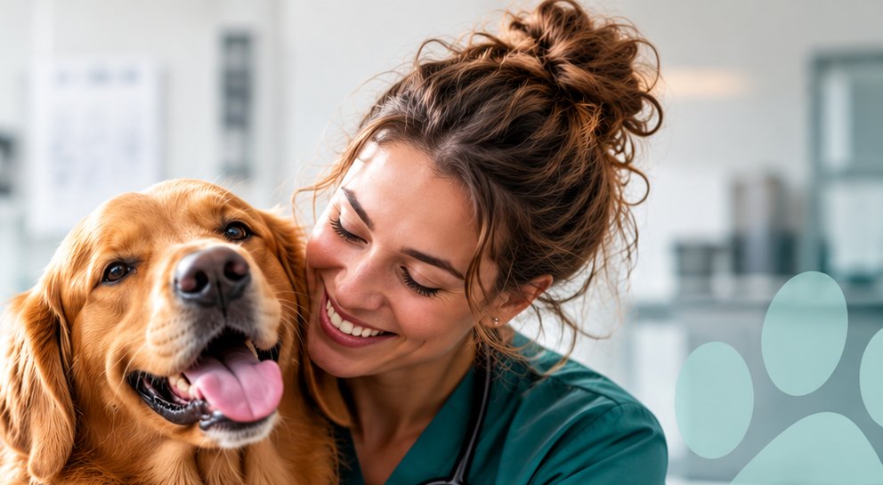 Veterinary technician in teal scrubs hugging a golden retriever